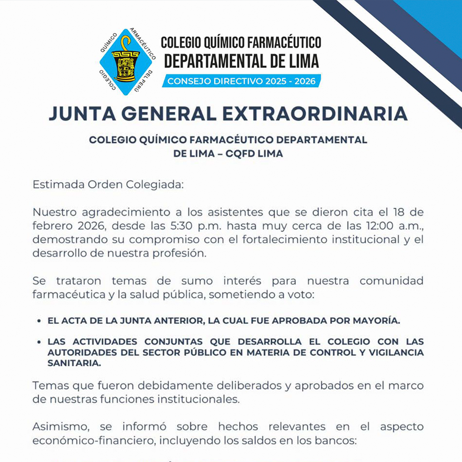 JUNTA GENERAL EXTRAORDINARIA - COLEGIO QUÍMICO FARMACÉUTICO DEPARTAMENTAL DE LIMA