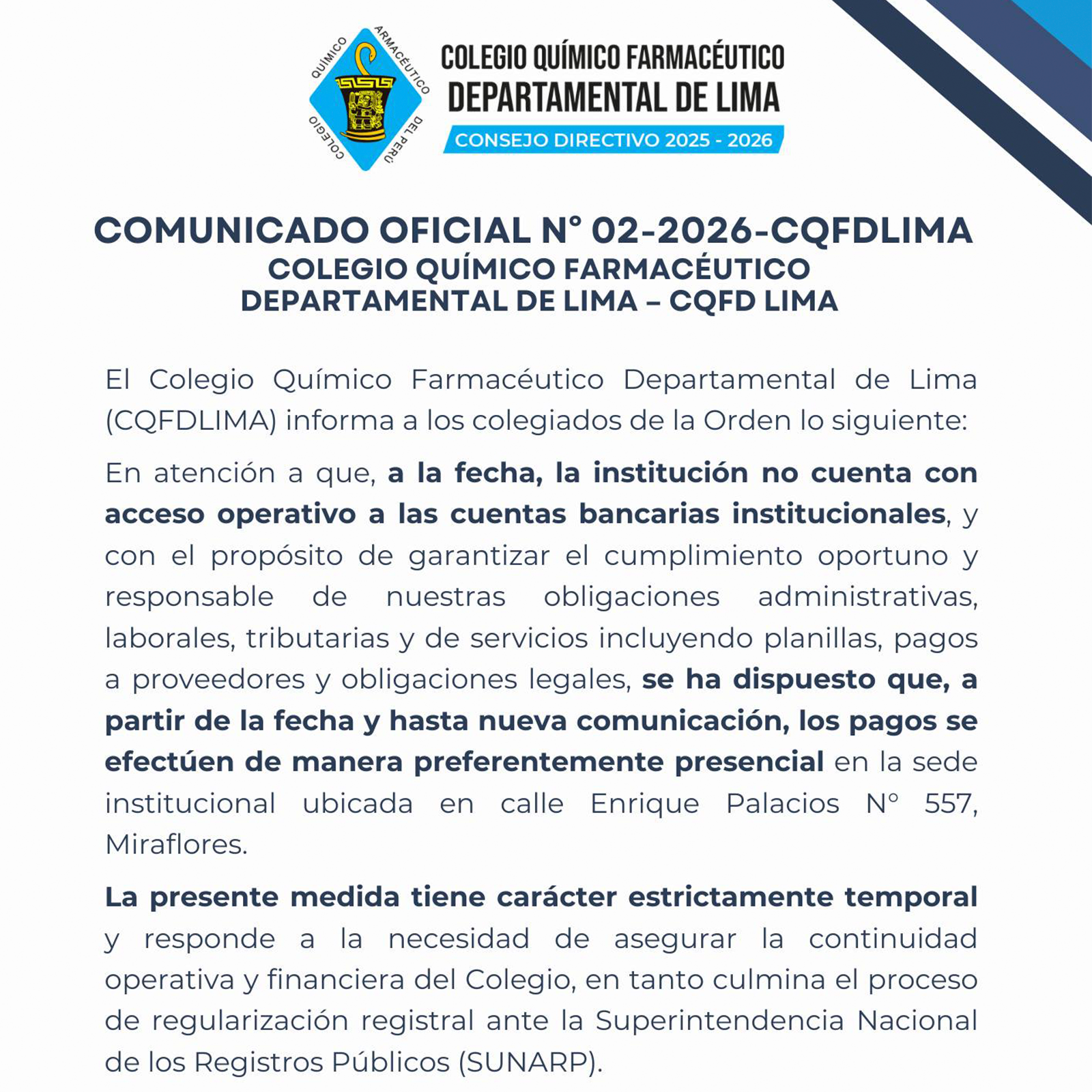 COMUNICADO OFICIAL N°02-2026 COLEGIO QUÍMICO FARMACÉUTICO DEPARTAMENTAL DE LIMA