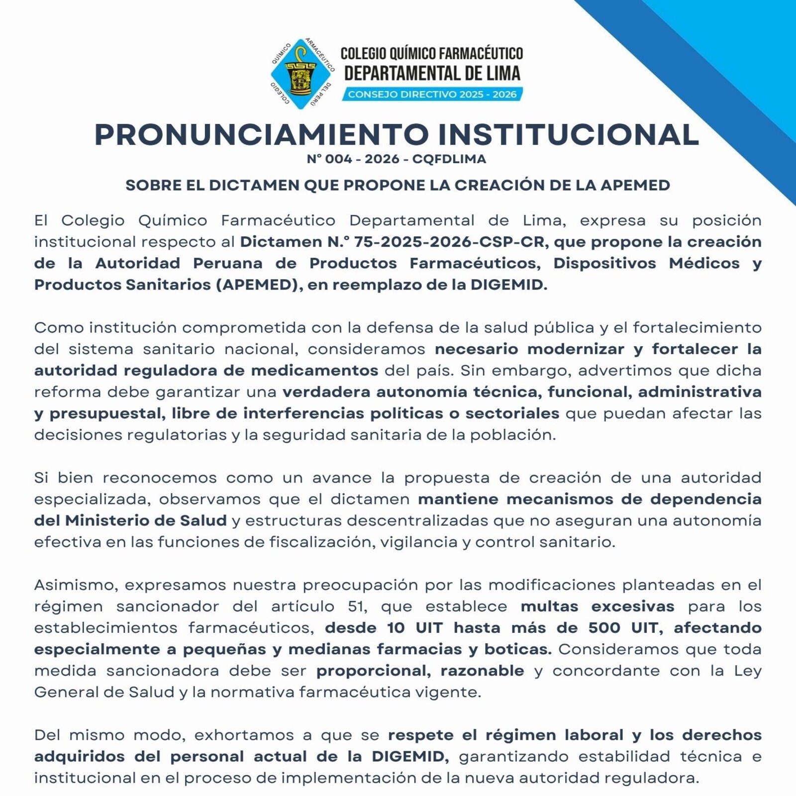 Pronunciamiento APEMED CQFDLIMA