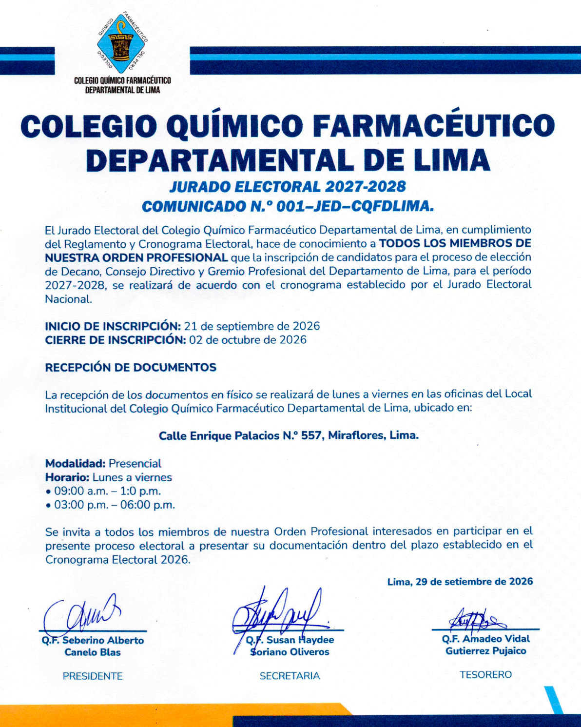 Comunicado N.° 001 - JEDLIMA 2027 - 2028